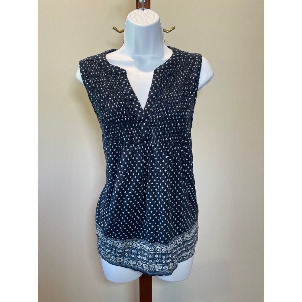 Lucky Brand Sleeveless V‑Neck Top Navy & White Boho Design Size XL